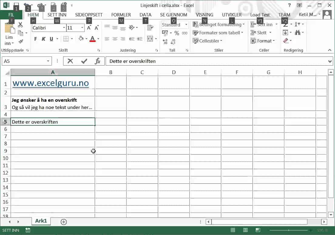 Hvordan få til linjeskift i en celle - ExcelGuru - Excel på Norsk