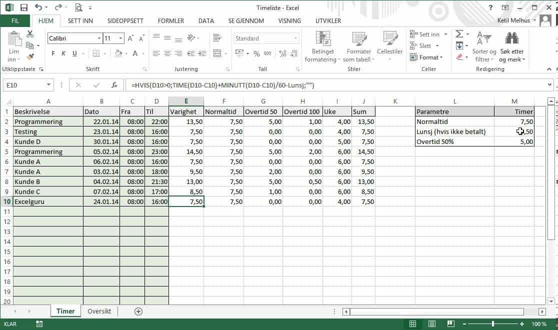 Timeregistrering i Excel? - ExcelGuru - Excel på Norsk