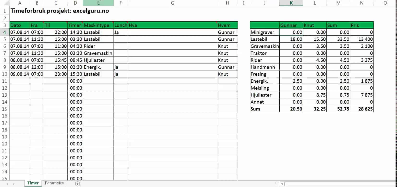 Timeliste Maskinentreprenør - ExcelGuru - Excel på Norsk