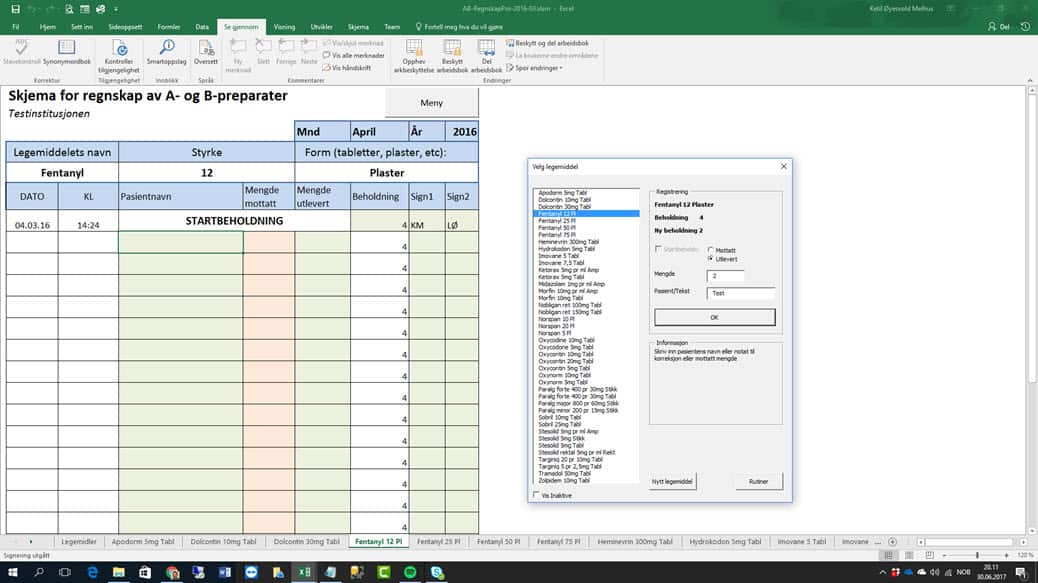 Regnskap for A og B preparater, narkotikaregnskap - ExcelGuru - Excel