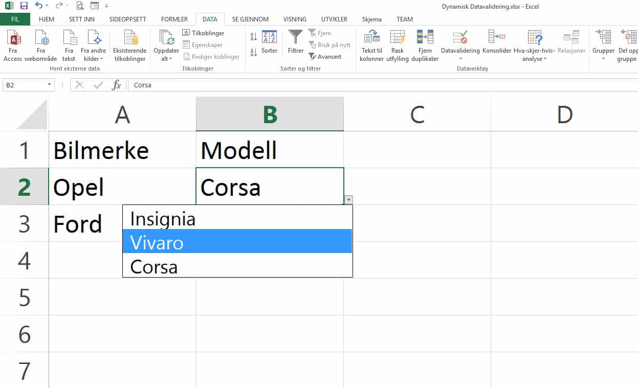 Datavalidering med dynamiske lister - ExcelGuru - Excel på Norsk