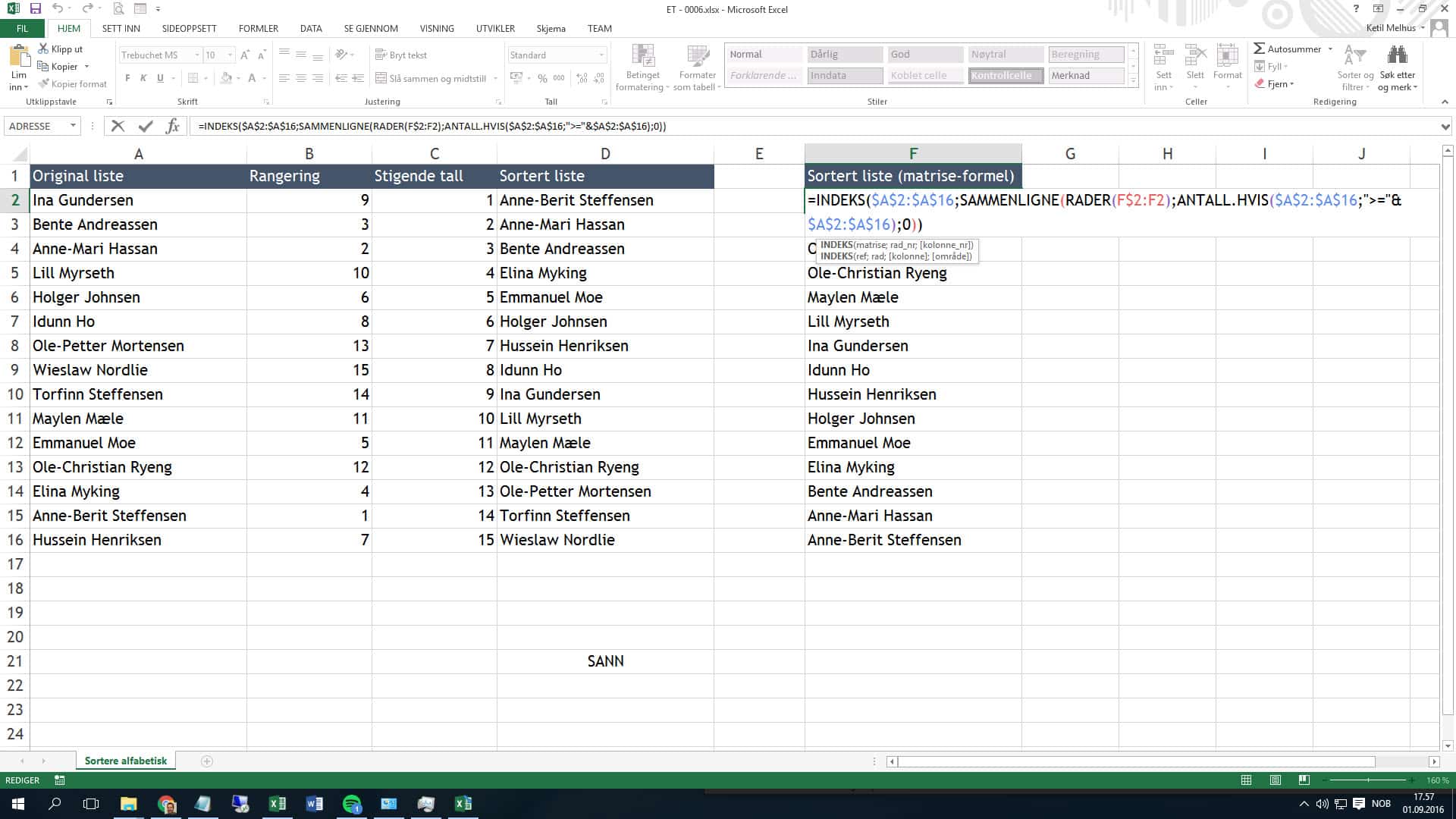 Sortere en liste ved hjelp av matriseformler - ExcelGuru - Excel på Norsk